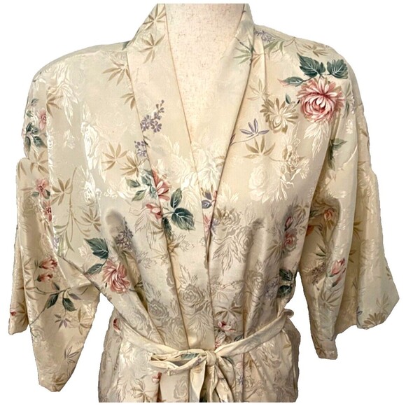 Vtg INNER MOST Floral SATIN House Coat ROBE Long Women's Small USA Made Ivory - Picture 2 of 10